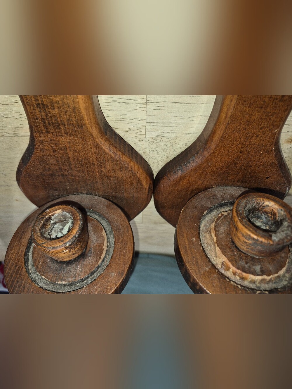 2 Vintage, Handmade Stained Wooden wall Sconces w/ Pegged Candle Cups - Picture 4 of 6